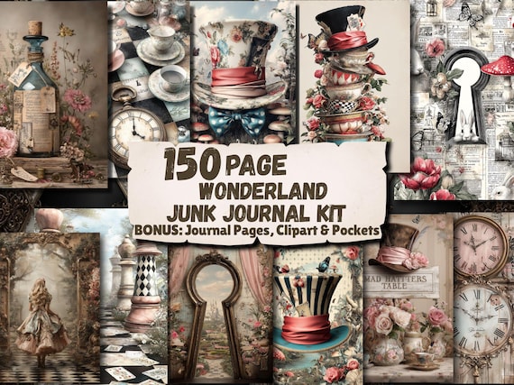 Alice in Wonderland Junk Journal Kit, 150 Printable Pages, Wonderland Ephemera Bundle, Digital Scrapbook Papers, Pockets, US Letter A4 A5