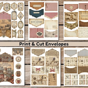 Printable junk journal ephemera and envelopes rustic kitchen theme baking cooking scrapbook paper pack digital download
