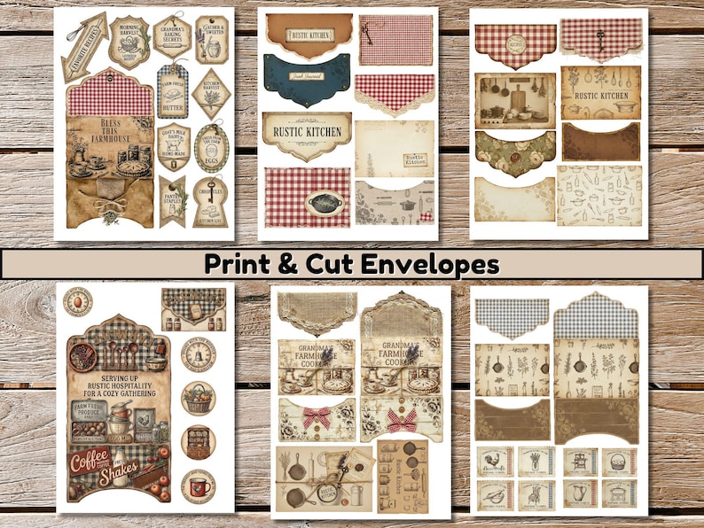 Printable junk journal ephemera and envelopes rustic kitchen theme baking cooking scrapbook paper pack digital download