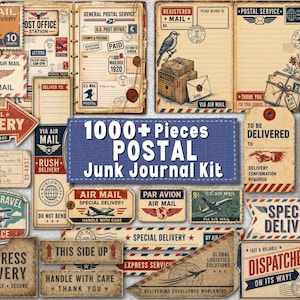 Puede incluir: Una colección de efímeras postales de estilo vintage, que incluye sellos, etiquetas y páginas de diario. Los artículos presentan diseños de correo aéreo y entrega especial, con textos como "Express Delivery" y "Handle with Care". Una pancarta azul dice "1000+ Pieces Postal Junk Journal Kit."