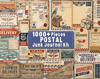 Vintage Postal Junk Journal Kit, 1000+ Printable Ephemera Bundle, Air Mail Labels, Tags, Stamps, Envelopes, Digital Download