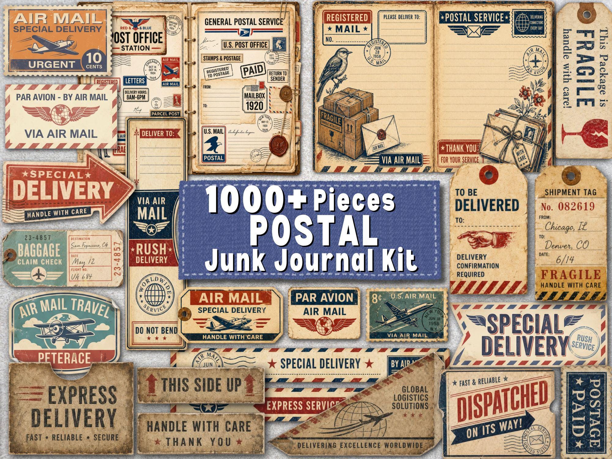 Vintage Postal Junk Journal Kit, 1000+ Printable Ephemera Bundle, Air ...
