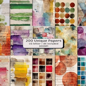 May include: A collection of 200 unique papers with watercolor and vintage designs. The papers feature various colors, including green, blue, orange, and purple, with textures and patterns. The image includes the text "200 Unique Papers US letter + A4 included 300DPI."