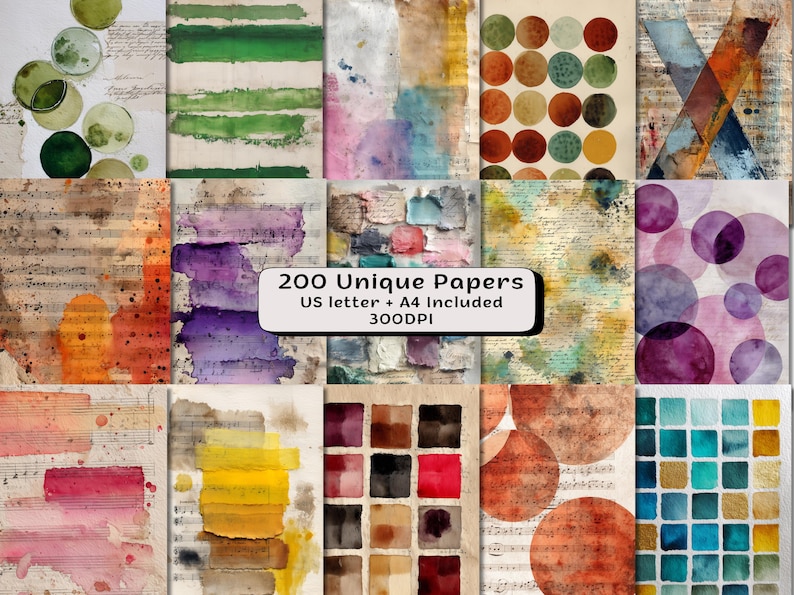 May include: A collection of 200 unique papers with watercolor and vintage designs. The papers feature various colors, including green, blue, orange, and purple, with textures and patterns. The image includes the text "200 Unique Papers US letter + A4 included 300DPI."