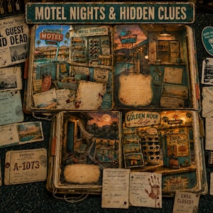 May include: A mystery-themed scrapbook titled Motel Nights & Hidden Clues, featuring illustrated motel scenes, vintage-style evidence cards, incident reports, and a newspaper clipping with the headline Motel Guest Found Dead, all arranged on a dark surface.