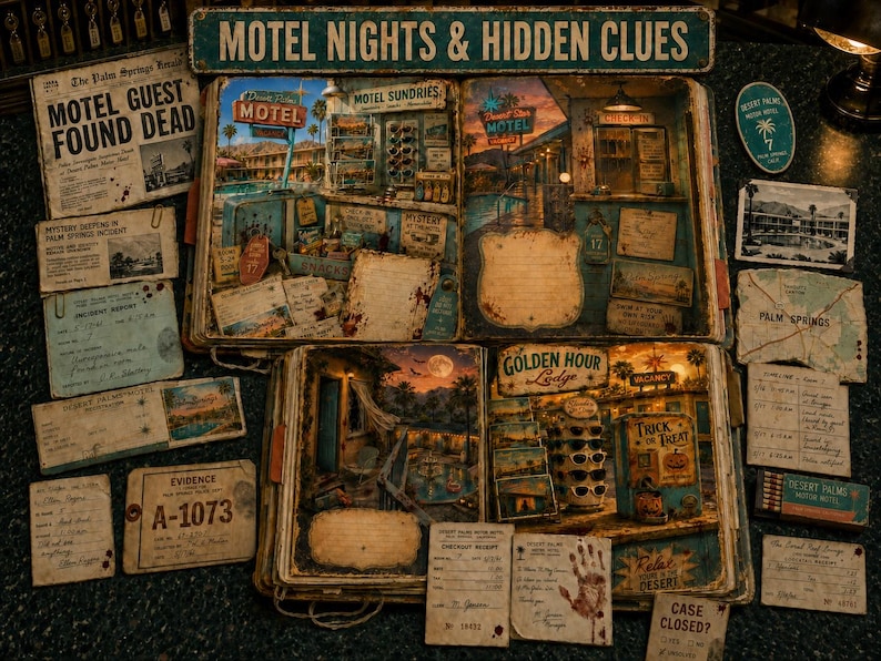 May include: A mystery-themed scrapbook titled Motel Nights & Hidden Clues, featuring illustrated motel scenes, vintage-style evidence cards, incident reports, and a newspaper clipping with the headline Motel Guest Found Dead, all arranged on a dark surface.