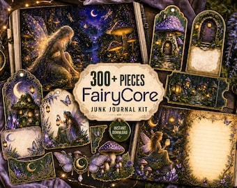 Fairycore Junk Journal Kit, Fairy Mushroom Moss Ephemera, Enchanted Forest Printable Pages, Moth Crystal Moon Clipart, 300+ Digital Download