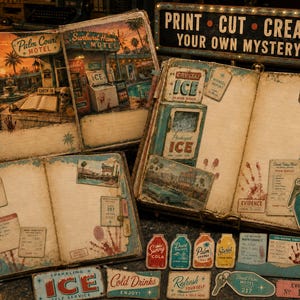 May include: Three open journals with vintage motel-themed illustrations, including Palm Court and Sunburst Haven. Pages feature motel ephemera, ice machine graphics, room keys, and bloodstain motifs. A sign reads PRINT CUT CREATE YOUR OWN MYSTERY.