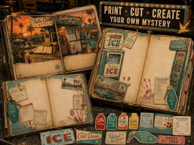 May include: Three open journals with vintage motel-themed illustrations, including Palm Court and Sunburst Haven. Pages feature motel ephemera, ice machine graphics, room keys, and bloodstain motifs. A sign reads PRINT CUT CREATE YOUR OWN MYSTERY.