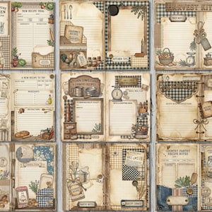 May include: A set of vintage-style recipe journal pages with a farmhouse kitchen theme. The pages have lined spaces for recipes, notes, and meal planning, with decorative elements like illustrations of kitchen tools, food, and text such as "Farmhouse Kitchen" and "Harvest Kitchen".
