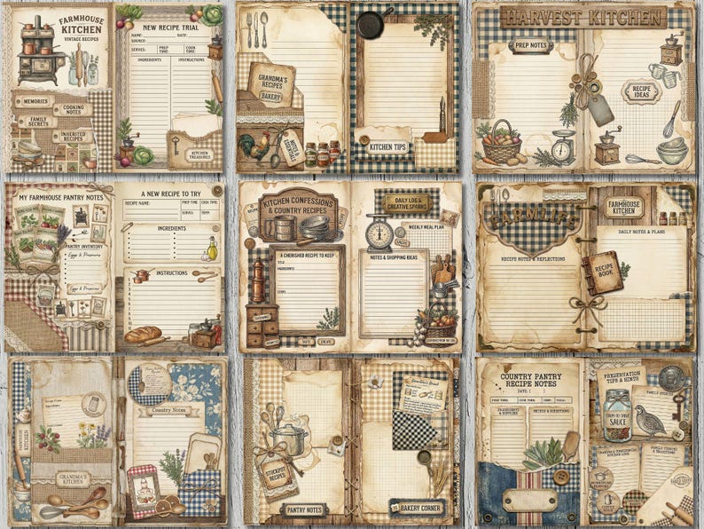 May include: A set of vintage-style recipe journal pages with a farmhouse kitchen theme. The pages have lined spaces for recipes, notes, and meal planning, with decorative elements like illustrations of kitchen tools, food, and text such as "Farmhouse Kitchen" and "Harvest Kitchen".