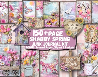 Shabby Chic Junk Journal Kit Mega Bundle, 150 Pages, Journal Papers, Cottagecore Ephemera, Folio, Pockets, & Clipart