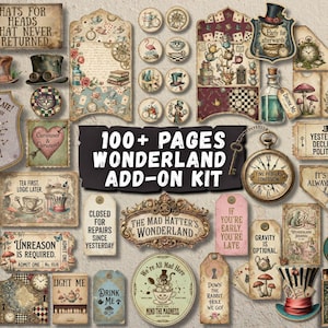 Wonderland ADD-ON Ephemera Junk Journal Kit 100+ Printable Pages Alice in Wonderland Pockets, Tuckspots, Folio, Stickers, Digital Download