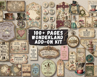 Kit aggiuntivo Wonderland Ephemera Junk Journal con più di 100 pagine stampabili, tasche Alice nel Paese delle Meraviglie, Tuckspots, Folio, adesivi, download digitale