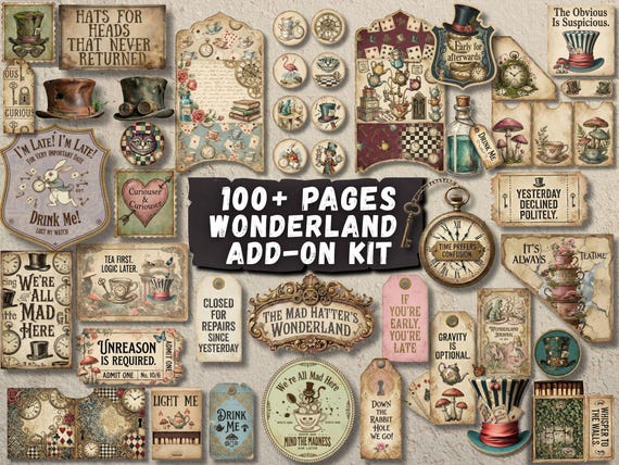 Wonderland ADD-ON Ephemera Junk Journal Kit 100+ Printable Pages Alice in Wonderland Pockets, Tuckspots, Folio, Stickers, Digital Download