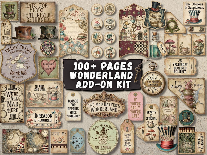 Kit aggiuntivo Wonderland Ephemera Junk Journal con più di 100 pagine stampabili, tasche Alice nel Paese delle Meraviglie, Tuckspots, Folio, adesivi, download digitale immagine 1