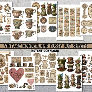 A selection of printable paper ephemera with an Alice in Wonderland theme. The designs include stamps, washi tape, tags, tabs, and folio designs. The illustrations feature clocks, mushrooms, teacups, and quotes. The image text reads "Stamps, Washi, Tags, Tabs & Folio" and "Instant Download 300DPI".
