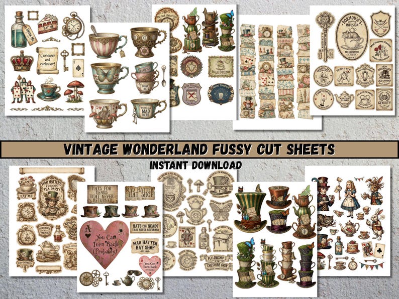 A selection of printable paper ephemera with an Alice in Wonderland theme. The designs include stamps, washi tape, tags, tabs, and folio designs. The illustrations feature clocks, mushrooms, teacups, and quotes. The image text reads "Stamps, Washi, Tags, Tabs & Folio" and "Instant Download 300DPI".