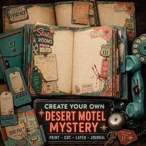 May include: An open journal with lined pages featuring vintage motel-themed ephemera, including Starlite Rooms signage, California 111 road signs, evidence tags, and a teal rotary telephone handset with blood-like splatters and a dark sign.