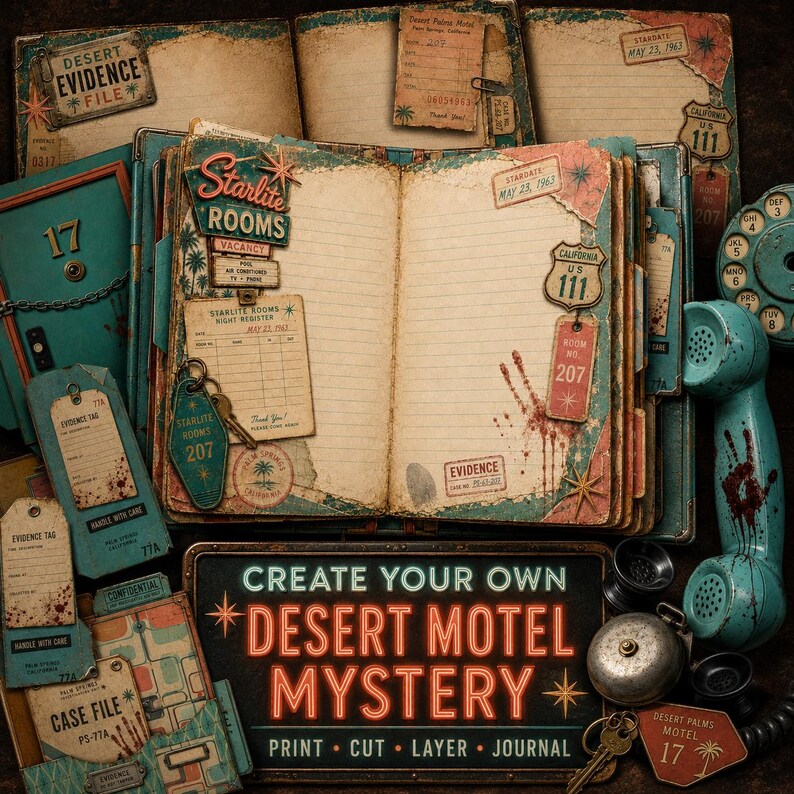 May include: An open journal with lined pages featuring vintage motel-themed ephemera, including Starlite Rooms signage, California 111 road signs, evidence tags, and a teal rotary telephone handset with blood-like splatters and a dark sign.