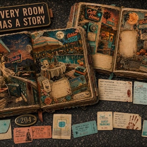 May include: A vintage-style scrapbook featuring detailed illustrations of a retro motor lodge, including a pool area and room interiors. The set includes a sign reading EVERY ROOM HAS A STORY, guest registration cards, room keys, and door hangers.