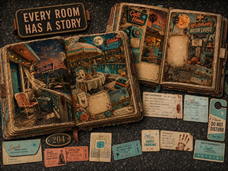 May include: A vintage-style scrapbook featuring detailed illustrations of a retro motor lodge, including a pool area and room interiors. The set includes a sign reading EVERY ROOM HAS A STORY, guest registration cards, room keys, and door hangers.
