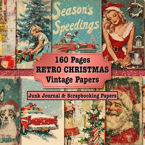 Könnte beinhalten: Eine Collage von Papieren im Vintage-Weihnachtsstil. Die Bilder zeigen den Weihnachtsmann, Kinder, Hunde mit Weihnachtsmützen, ein rotes Auto mit Geschenken und eine Frau in einem roten Kleid. Auf den Papieren steht "Season's Speedings", "160 Pages Retro Christmas Vintage Papers".