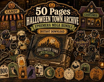 Vintage Halloween Ephemera Pack, 50 Printable Pages, Vintage Black Cat Tags, Tickets, Labels, Pockets, Junk Journal Scrapbook Paper