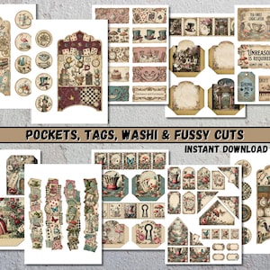 Digital collage sheets with Alice in Wonderland designs. Includes tags, labels, pockets, fussy cuts and decorative elements with clocks, teacups, and quotes. The sheets are 8.5x11 inches and A4 size, with a 300 DPI resolution, available for instant download.