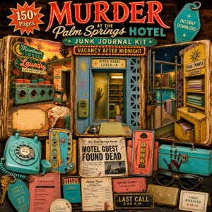 May include: A Murder at the Palm Springs Hotel junk journal kit featuring 150+ pages of vintage motel-themed ephemera, including a teal rotary phone, a newspaper clipping, a metal box with a bloody handprint, sunglasses, and various hotel tickets.