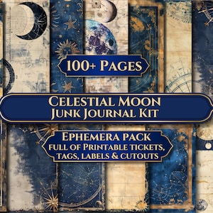 Pode incluir: Um kit de diário Celestial Moon com mais de 100 páginas. O pacote de efemérides inclui bilhetes, etiquetas, rótulos e recortes imprimíveis. O design apresenta elementos celestiais, incluindo luas, estrelas e bússolas, em azul, bege e dourado.