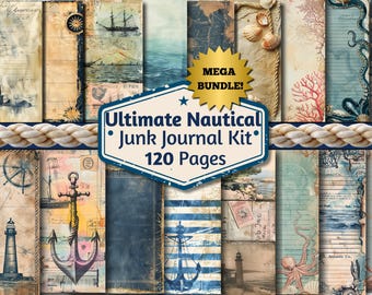 Nautical Junk Journal Kit, 120 Pages, Vintage Ocean Theme, Scrapbook Paper, Digital Download