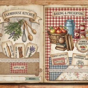 May include: A vintage cookbook illustration with the headings "Farmhouse Kitchen" and "Baking & Preserving." The left page shows herbs, rolling pins, and spice labels. The right page features apples, jars of jam, and the text "Summer Harvest Jams."