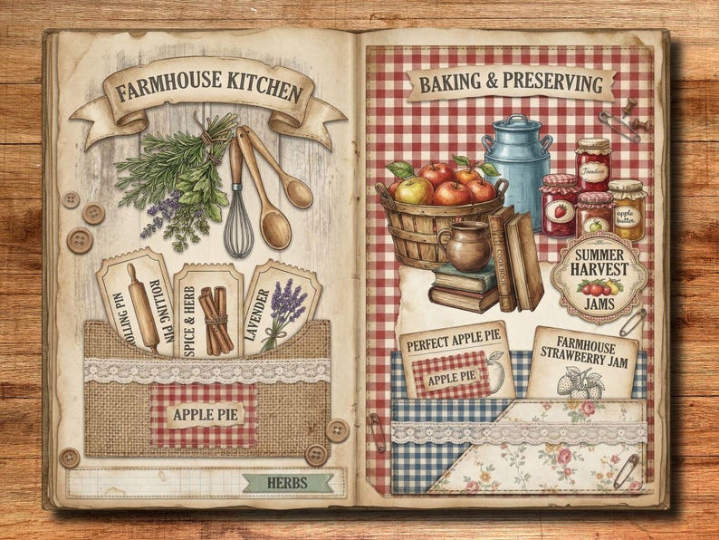 May include: A vintage cookbook illustration with the headings "Farmhouse Kitchen" and "Baking & Preserving." The left page shows herbs, rolling pins, and spice labels. The right page features apples, jars of jam, and the text "Summer Harvest Jams."