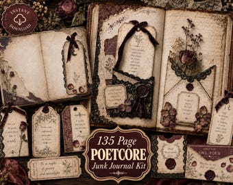 Poetcore Junk Journal Kit, 135 Dark Academia Printable Pages, Vintage Love Letter Poetry Ephemera, Romantic Scrapbook Paper