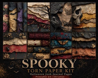 Halloween Torn Paper Junk Journal Pages, Gothic Grunge Digital Backgrounds (A4/US Letter)