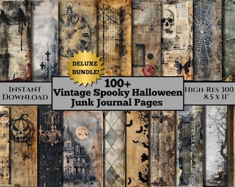 May include: A digital download of over 100 vintage spooky Halloween junk journal pages. The pages feature a variety of designs, including a clock, skull, and a haunted house. The image includes the text "Instant Download" and "High-Res 300 DPI 21.59 x 27.94 cm".