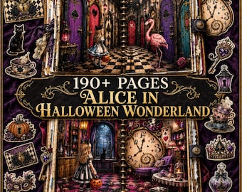Halloween Alice in Wonderland Junk Journal Kit, 190+ Gothic Pages, Dark Spooky Printable Ephemera, Wonderland Scrapbook Paper, US Letter A4