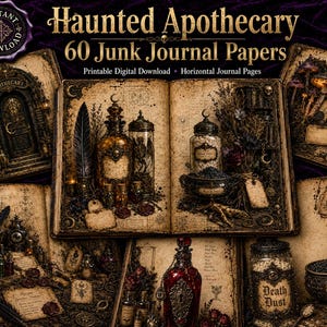 Peut inclure: Une collection de papiers de journal numérique intitulée Haunted Apothecary 60 Junk Journal Papers. Les pages présentent des illustrations de style vintage de flacons d'apothicaire, d'herbes séchées, de plumes et de bocaux étiquetés Death Dust sur du parchemin vieilli.