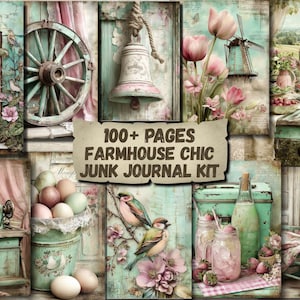 Puede incluir: Un collage de imágenes de estilo vintage con temática de granja. Las imágenes incluyen una puerta, una rueda de carro, una campana, tulipanes, un molino de viento, una mesa, una máquina de coser, huevos, pájaros y tarros de albañil. El texto dice "100+ PAGES FARMHOUSE CHIC JUNK JOURNAL KIT."