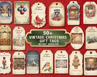 May include: A collection of vintage Christmas gift tags with various festive illustrations, including a cardinal, raccoon, and bakery scenes. The tags feature text like "Merry & Bright" and "Joyful Christmas".