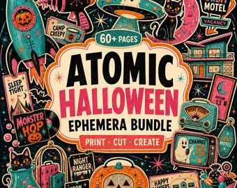 Mid Century Halloween Ephemera, 66 Printable Retro Tags Bookmarks Postcards, 1950s Atomic Junk Journal Kit Digital Paper