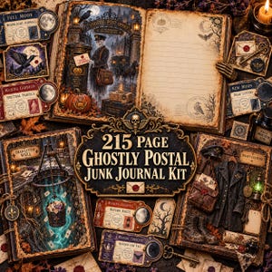 May include: A 215-page Ghostly Postal Junk Journal kit featuring vintage-style stationery, envelopes, and labels with gothic illustrations of post offices, ravens, moons, and skeletons. The set includes decorative paper, tags, and postal-themed ephemera.