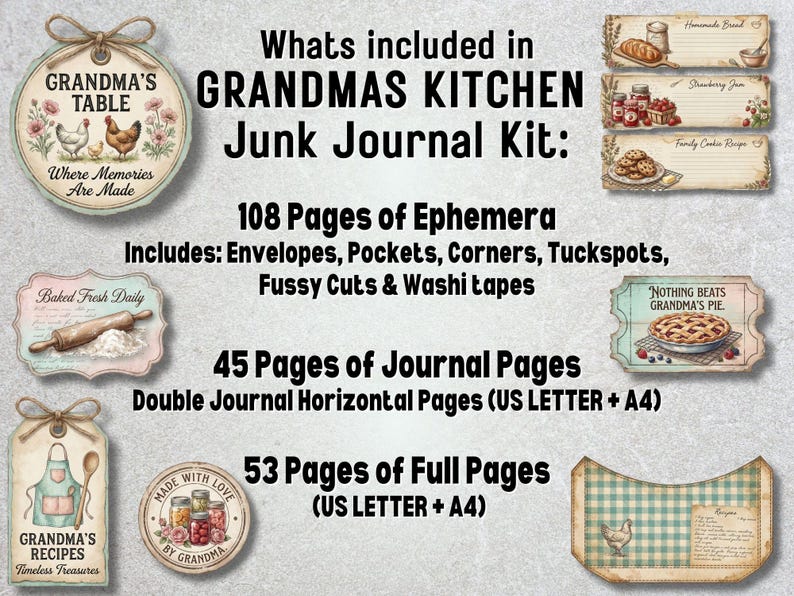 Grandma's Kitchen Printable Junk Journal Kit Rustic Recipe Journal ...