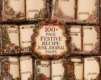 Christmas Recipe Junk Journal Kit + 100 Printable Vintage Cookbook Pages, Holiday Kitchen Paper, Retro Baking Scrapbook Sheets