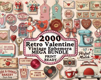 Valentine Ephemera Mega Bundle PNG JPG | 2000+ Retro Vintage Valentine Clipart for Junk Journals & Crafts