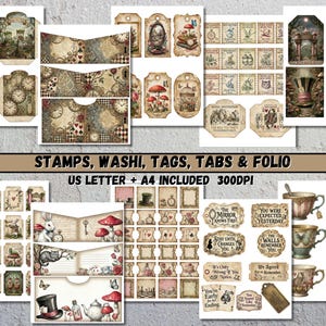A selection of digital ephemera with a vintage aesthetic, showcasing Alice in Wonderland themes. The set includes stamps, tags, washi tape, and folio designs, with quotes and imagery from the story. The text "Stamps, Washi, Tags, Tabs & Folio" is visible.
