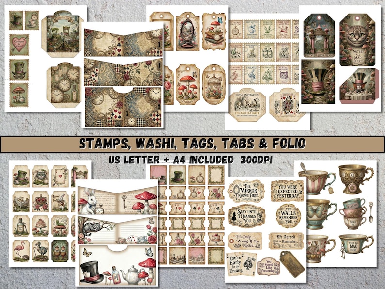 A selection of digital ephemera with a vintage aesthetic, showcasing Alice in Wonderland themes. The set includes stamps, tags, washi tape, and folio designs, with quotes and imagery from the story. The text "Stamps, Washi, Tags, Tabs & Folio" is visible.