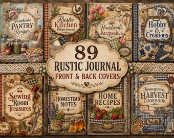 Rustic Journal Covers Kit, 89 Front & Back Journal Covers, Farmhouse Recipe Cookbook Junk Journal Covers, US Letter A4 PDF
