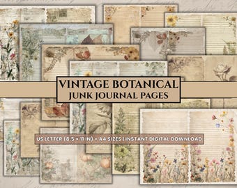 Páginas de diario botánico vintage: 15 efímeras florales imprimibles (descarga digital)